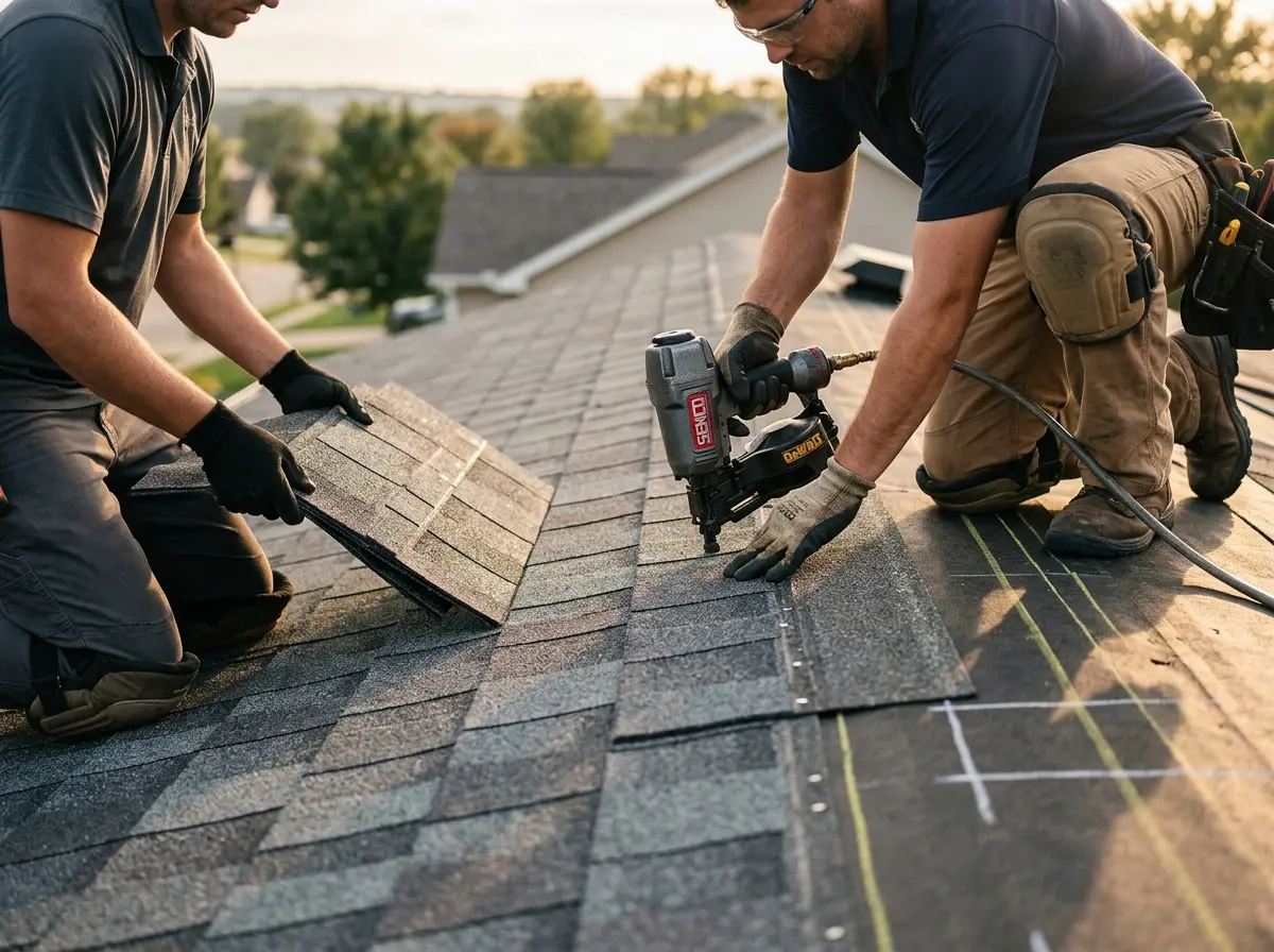 Professional roofer working on a residential roof in Garrett